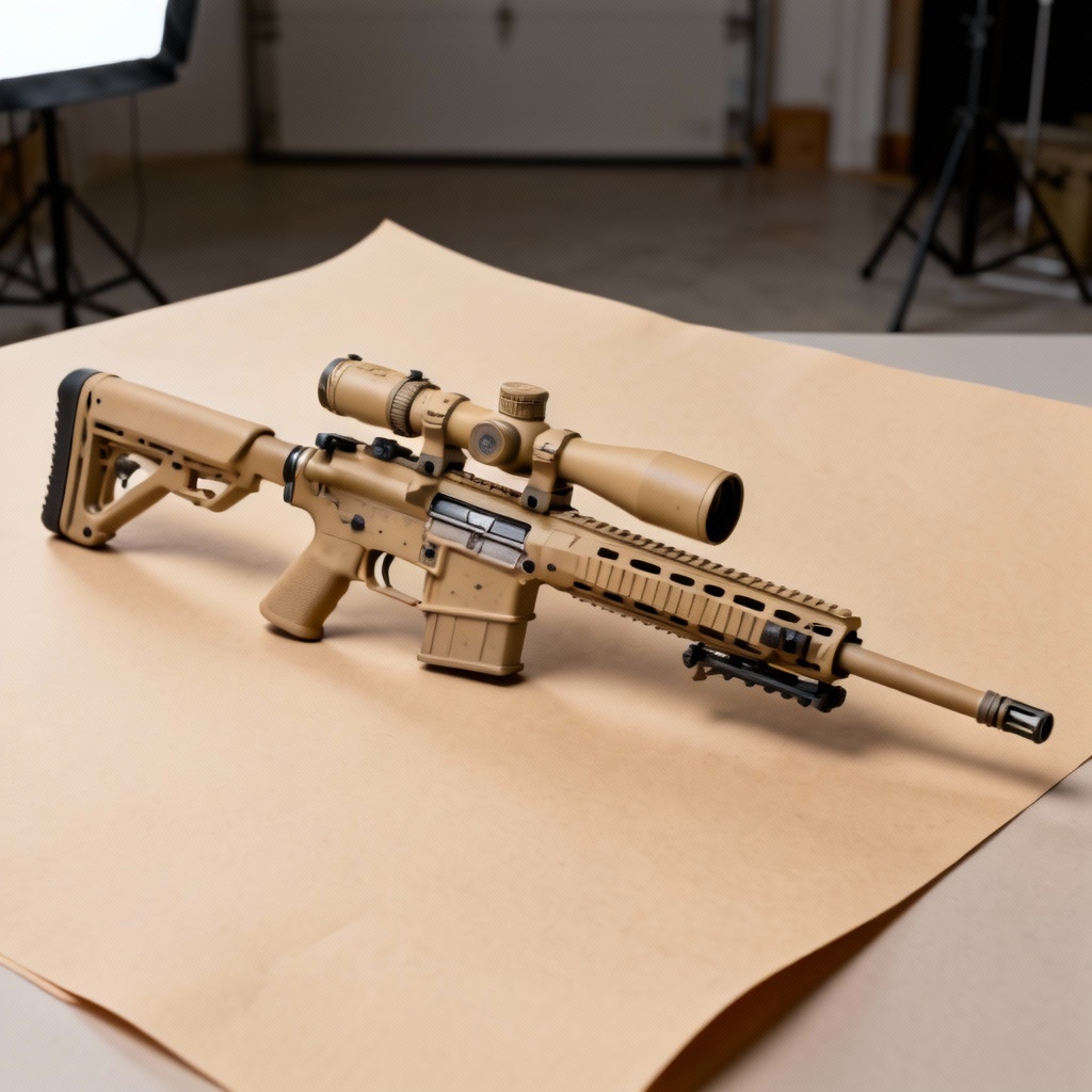 Photorealistic desert tan sniper rifle product image