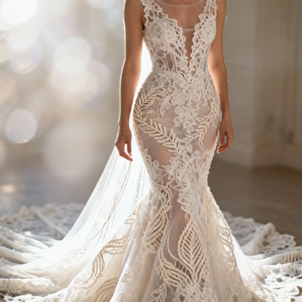AI bridal lace mermaid gown with illusion neckline