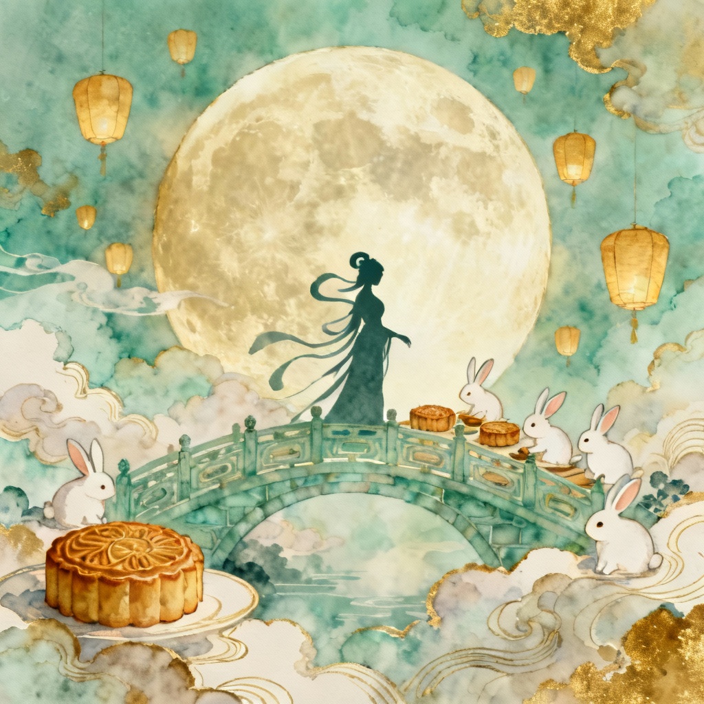 AI Mid-Autumn moon palace with Chang’e and moon rabbits