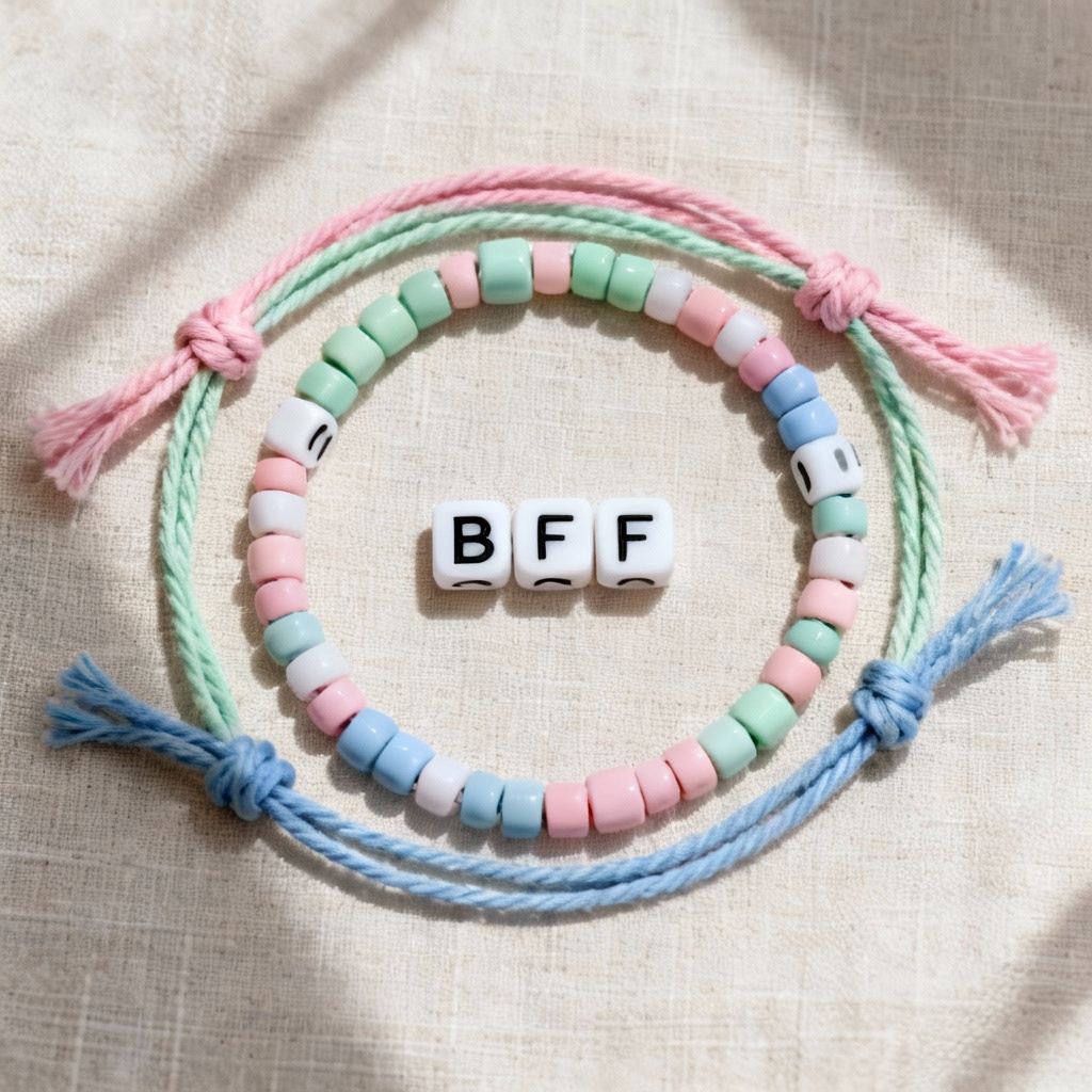 AI beaded friendship bracelet stack flat lay
