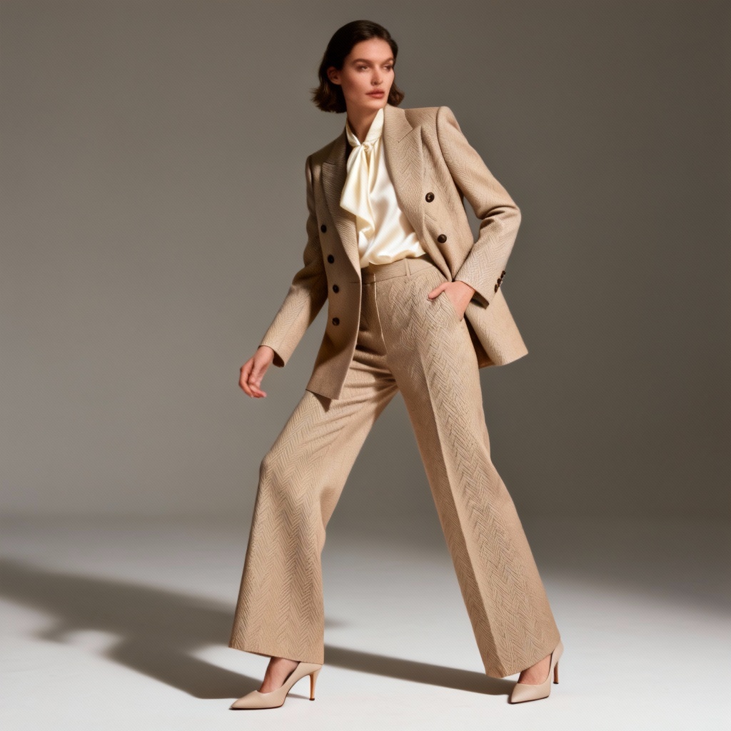 AI women’s beige power suit editorial