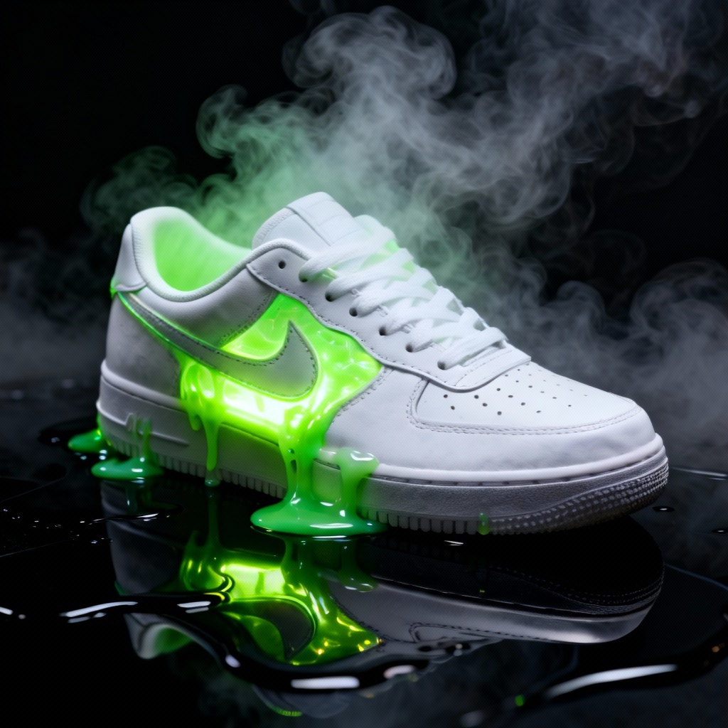 Sneaker with glowing neon slime oozing from inside