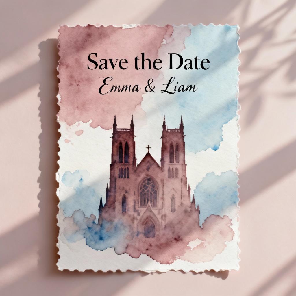 AI Christian wedding save the date with watercolor church