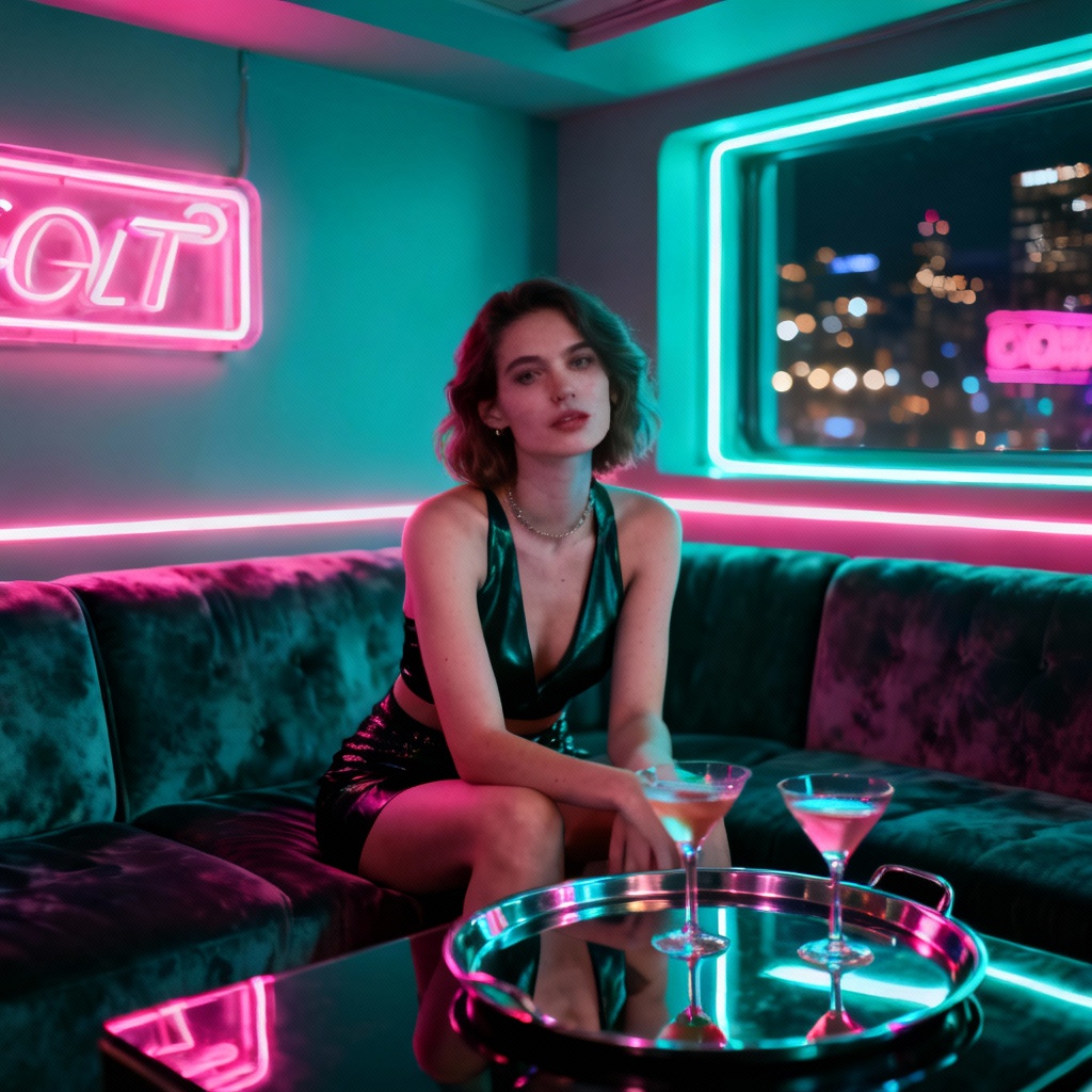 AI VIP neon lounge portrait with cocktails and LED glow