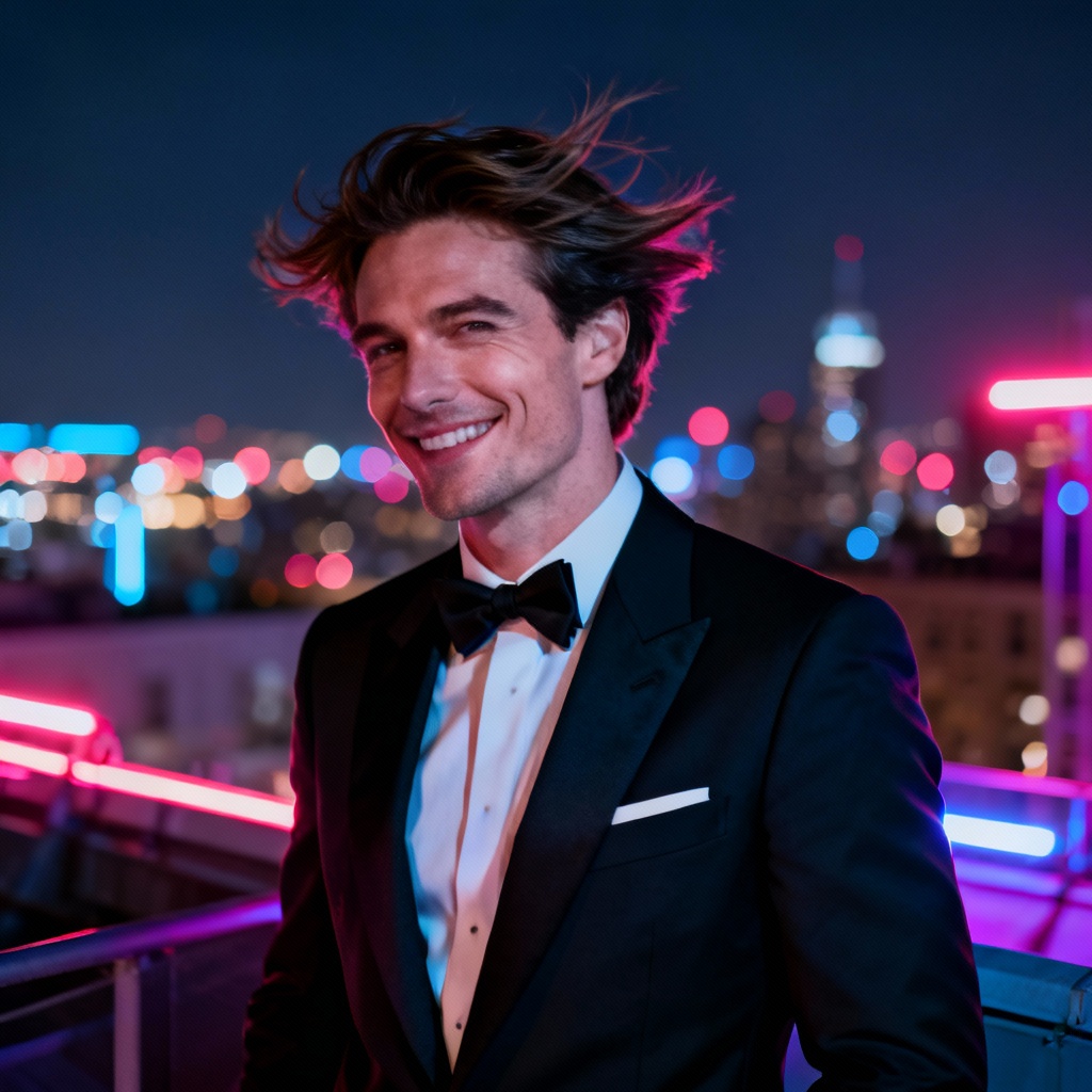 AI suave gentleman rooftop night portrait