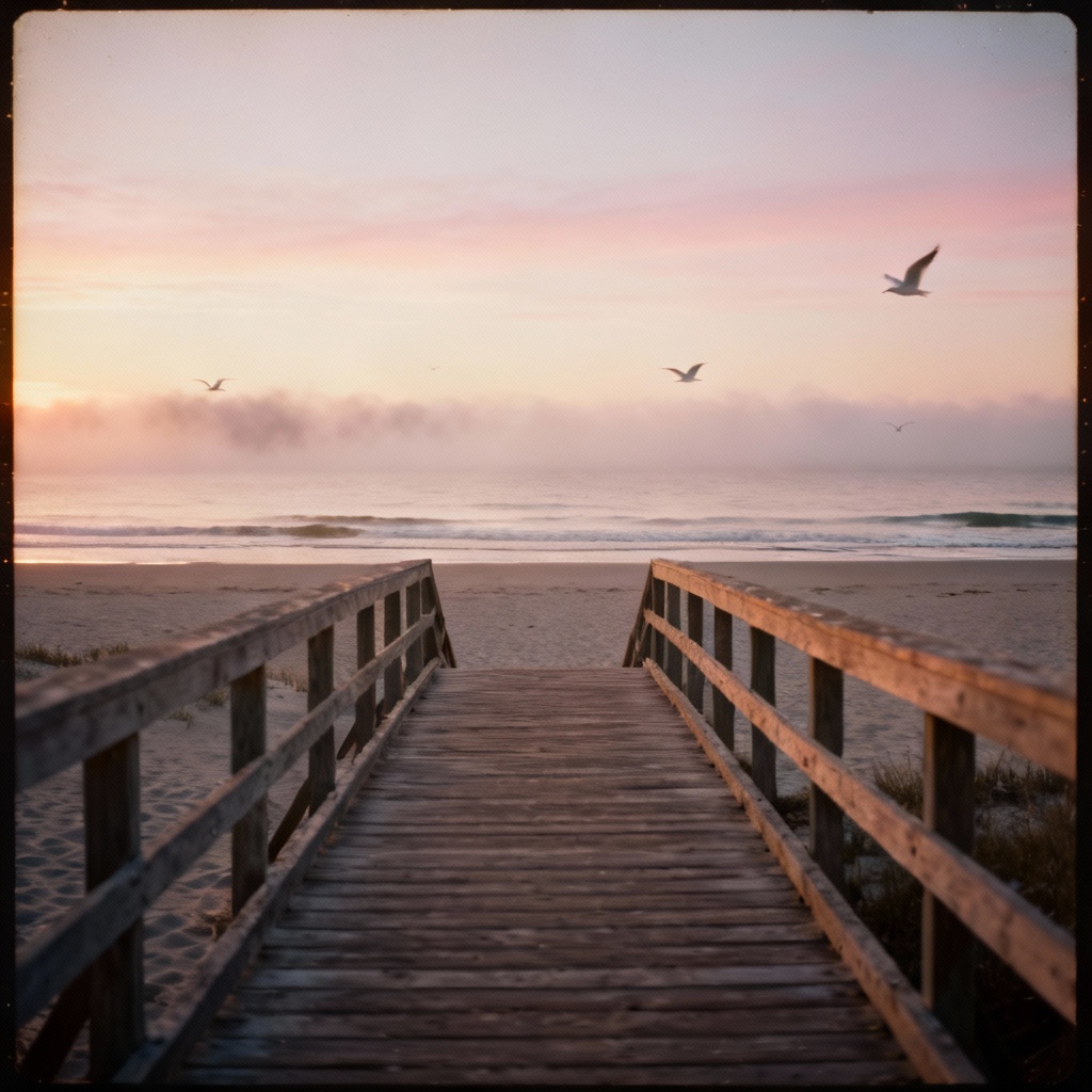 Beach boardwalk at sunrise with pastel sky
