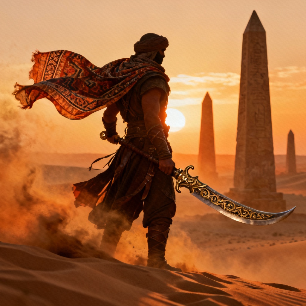 Desert nomad guardian hero with scimitar and flowing scarf