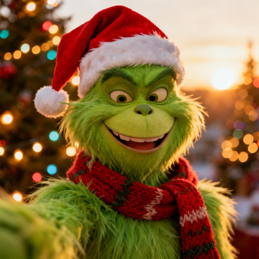 AI Grinch selfie with Santa hat and cozy winter vibes