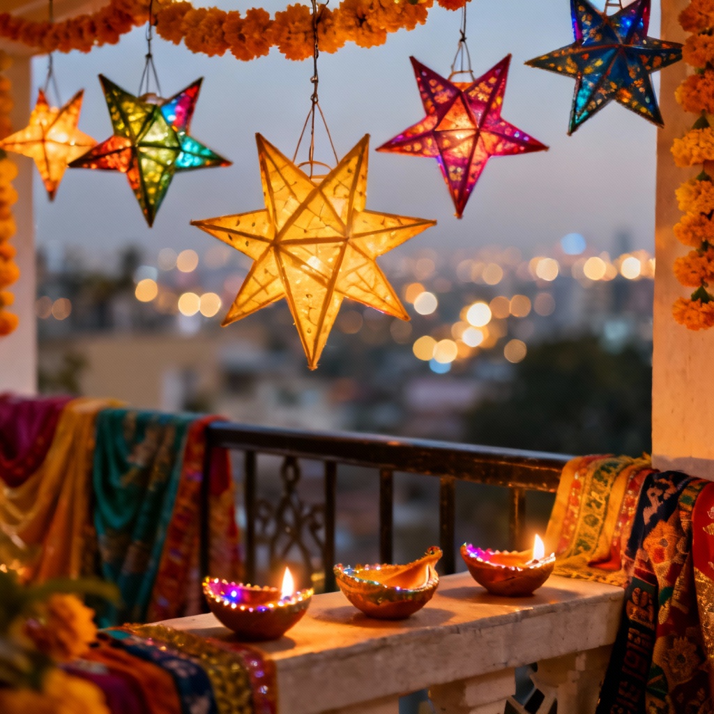 AI Diwali kandil lanterns on balcony with city lights