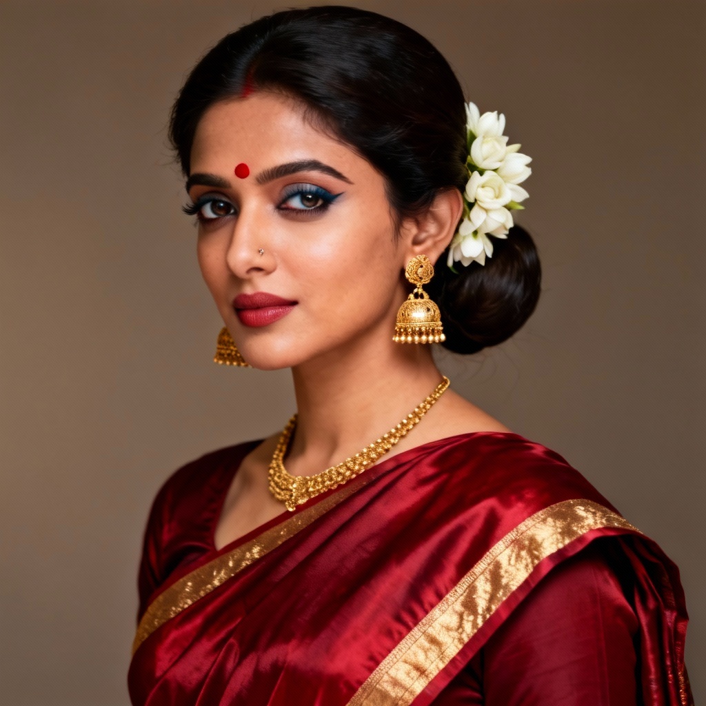 AI portrait of Indian woman in red saree with gold jewelry