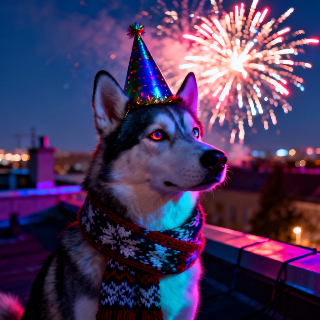 AI husky wearing scarf and party hat under fireworks