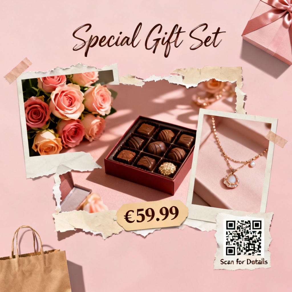 AI Floral Collage Valentine Promotion Poster with gifts and roses