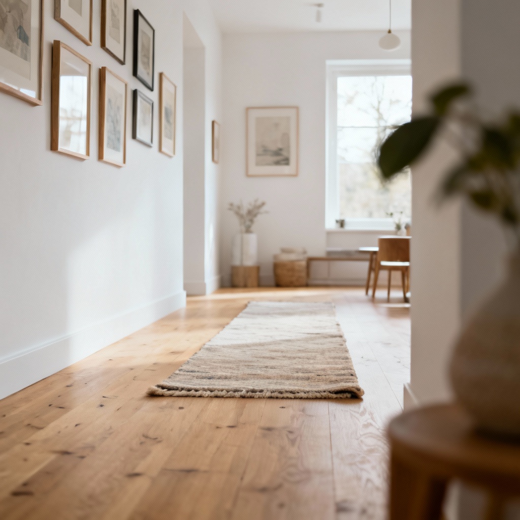 AI cozy apartment passage with artworks