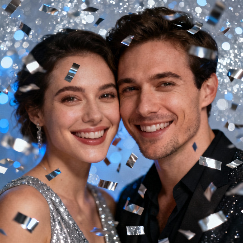 AI party couple with silver glitter and confetti overlay