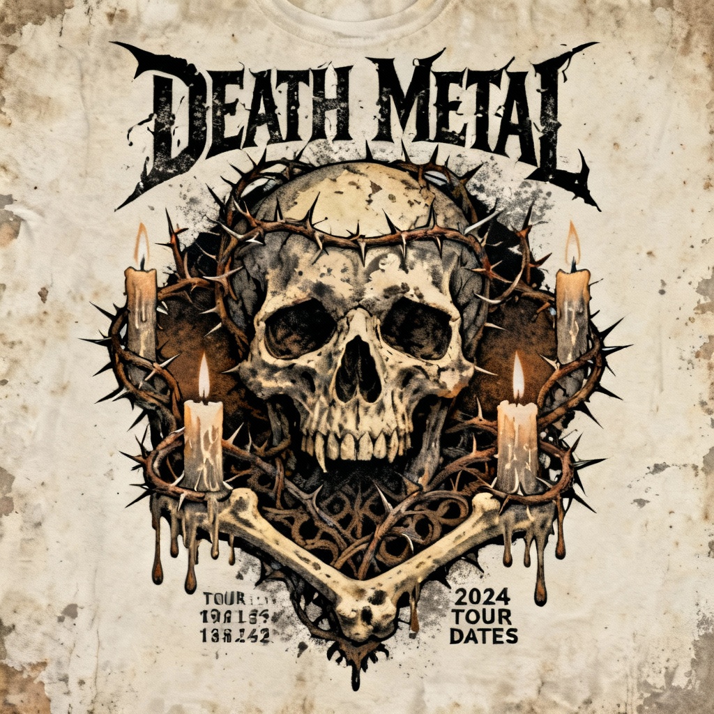 AI death metal t-shirt skull design with thorny vines and candles
