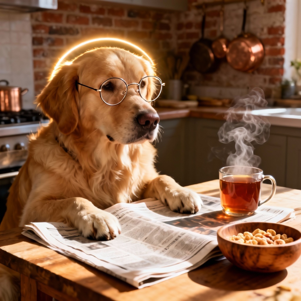 Golden Retriever reading a broadsheet newspaper at breakfast