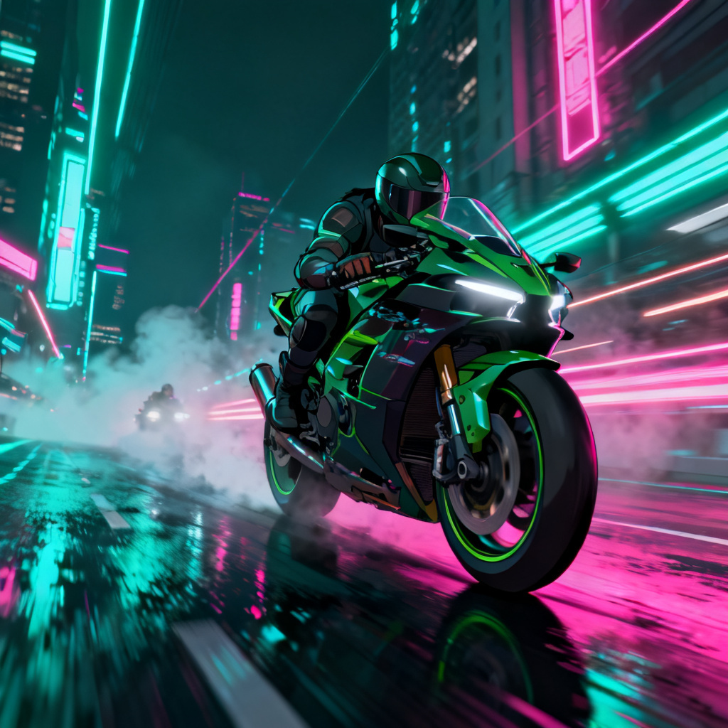 AI motorcycle animation in neon city with dynamic camera