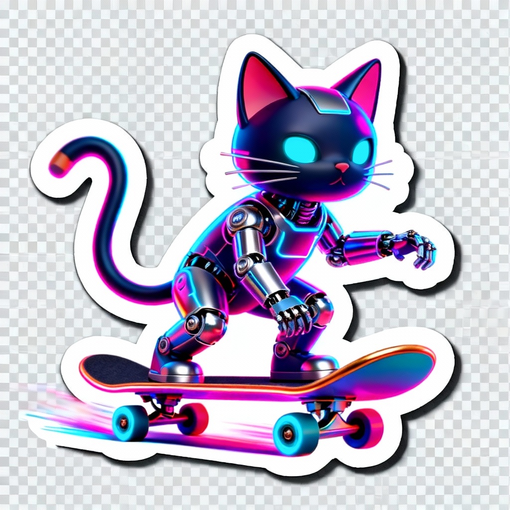 AI neon cat skateboard vinyl sticker with white border