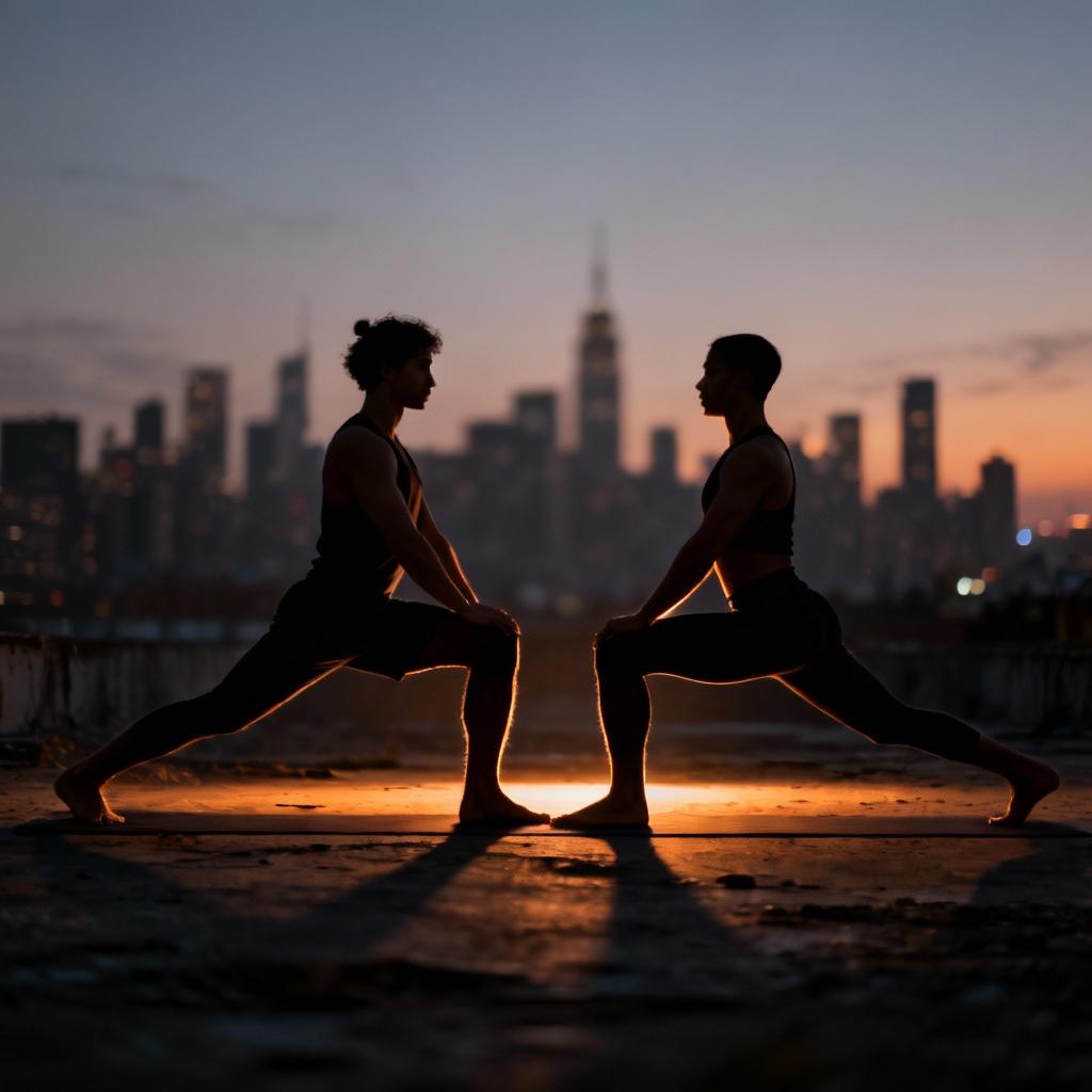 Editorial style rooftop power yoga scene at dusk