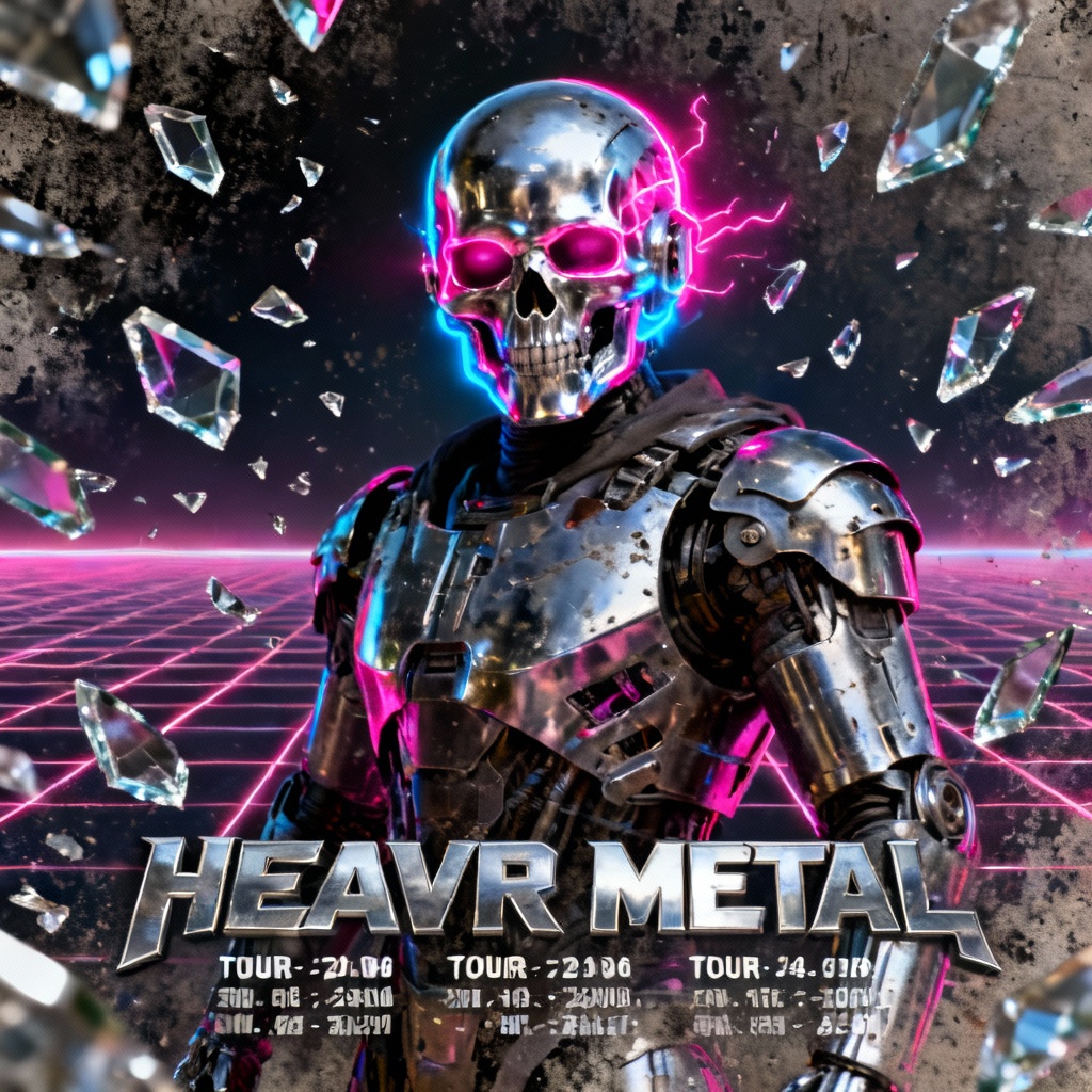 AI cyber metal warrior poster with neon colors and chrome helmet