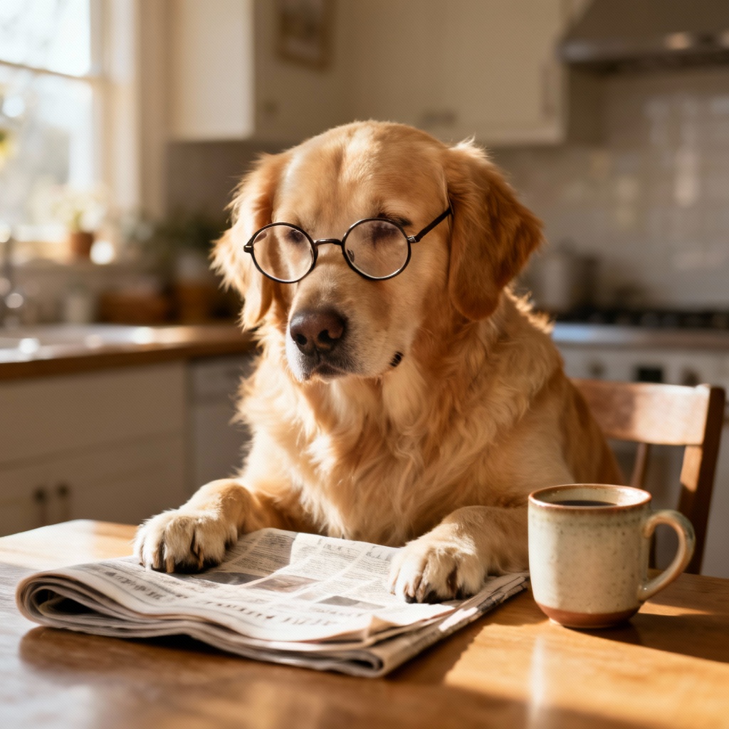 Photorealistic Golden Retriever reading a newspaper at a breakfast table