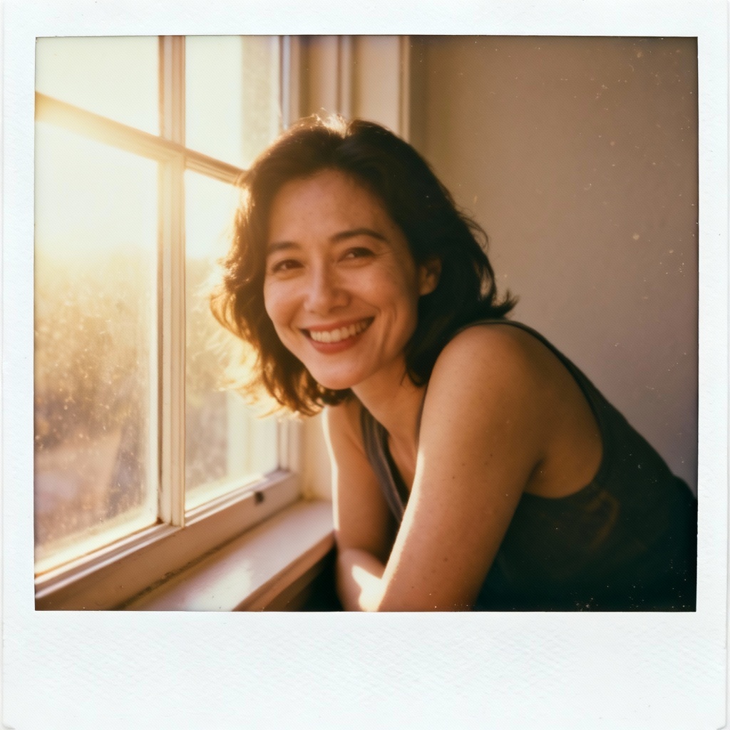 AI polaroid girl portrait by sunny window with white frame