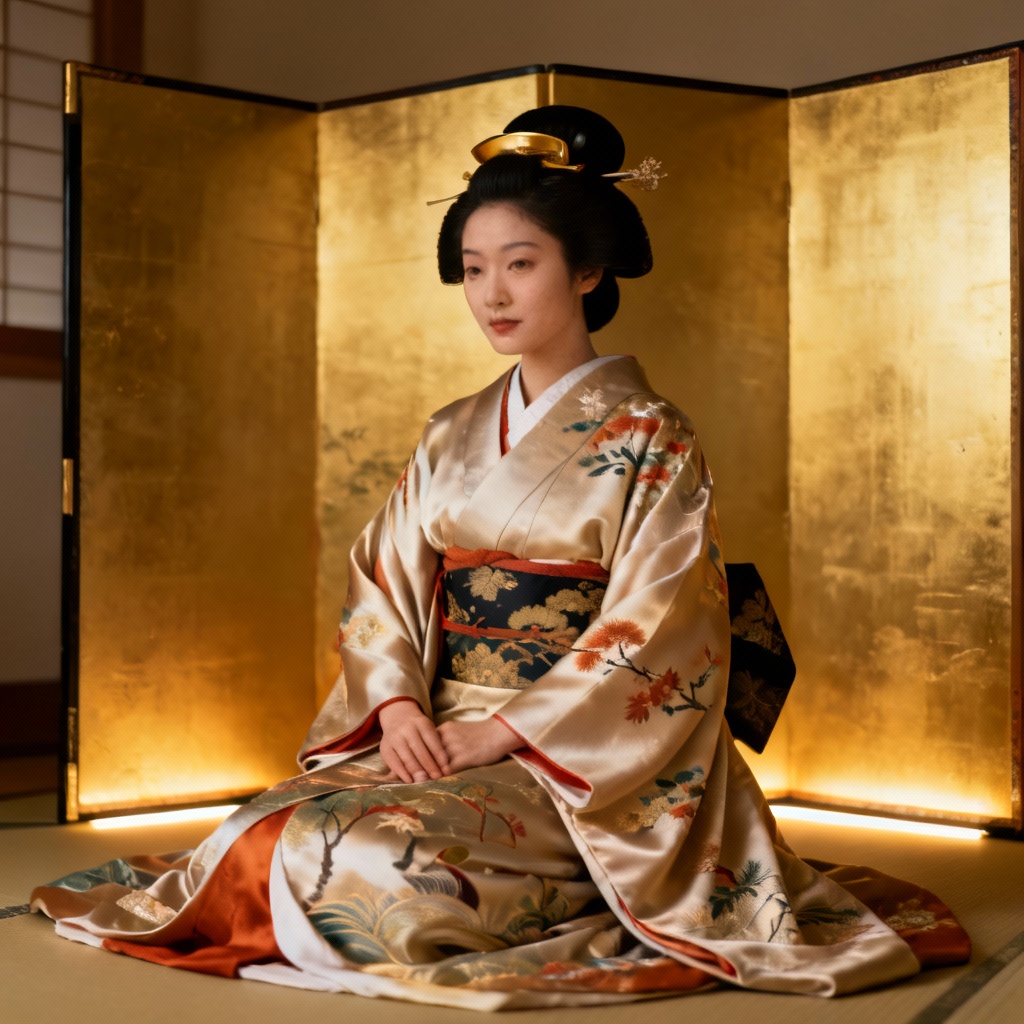 AI Japanese empress wearing layered imperial kimono