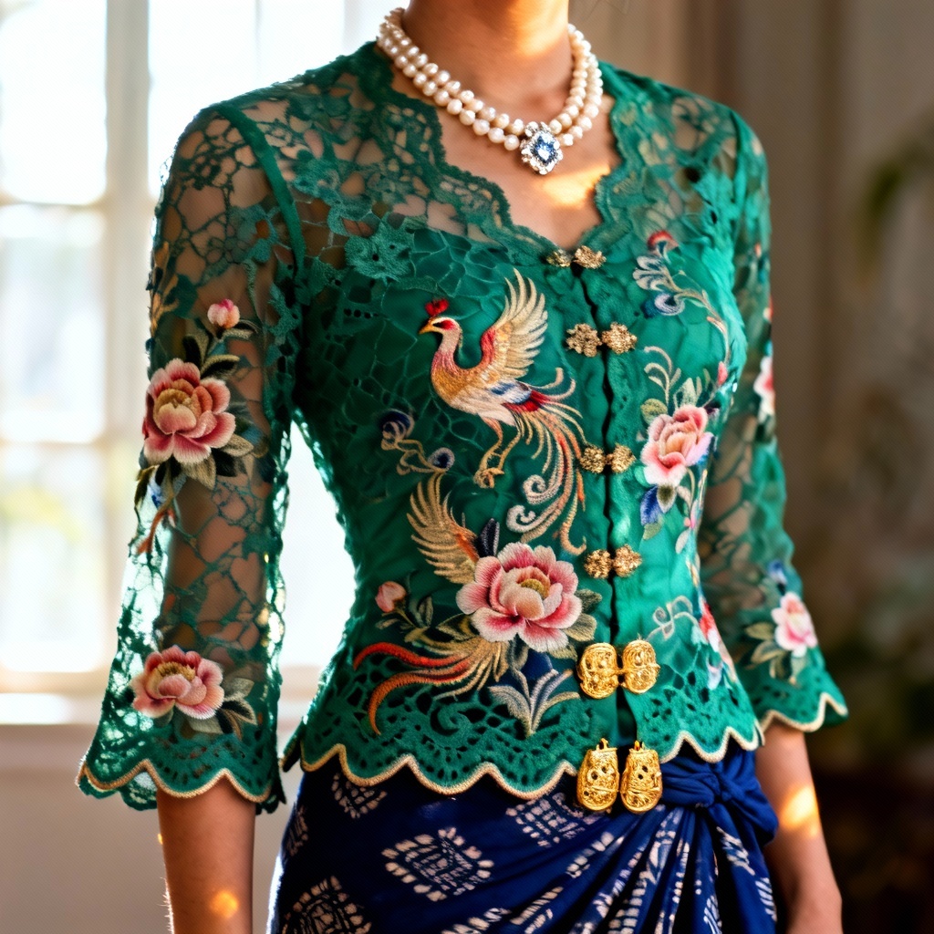 AI nyonya kebaya with emerald lace and phoenix batik sarong