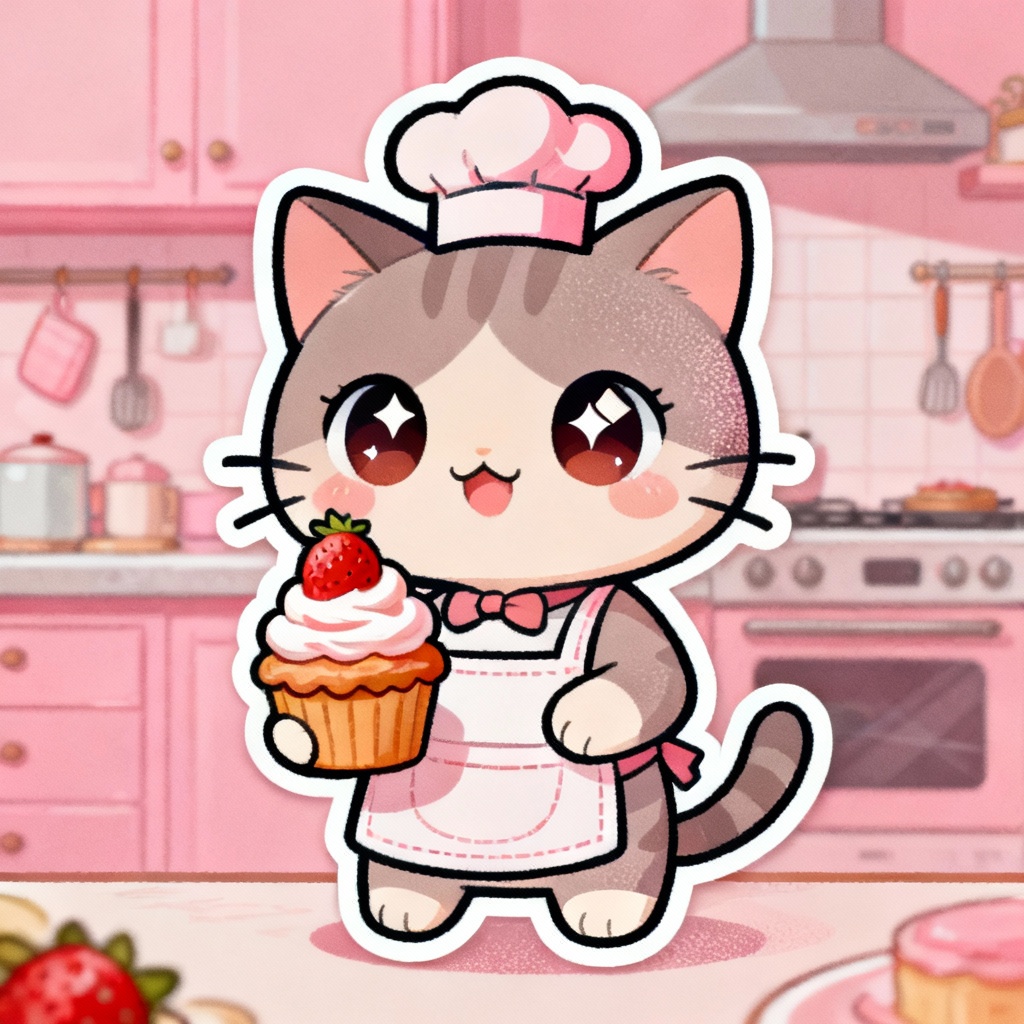AI kawaii cat chef holding cupcake