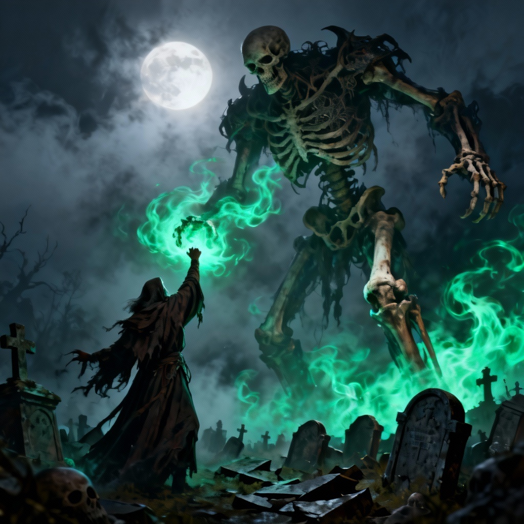 AI necromancer summoning a giant bone colossus