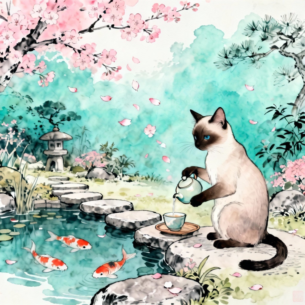 AI Ghibli siamese cat in a peaceful tea garden