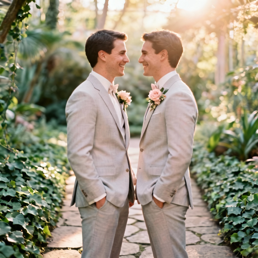 AI first look of two grooms in a garden