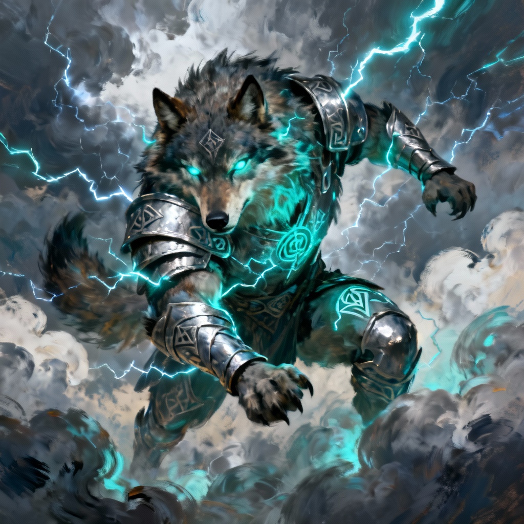 AI wolf guardian deity with storm and lightning aura