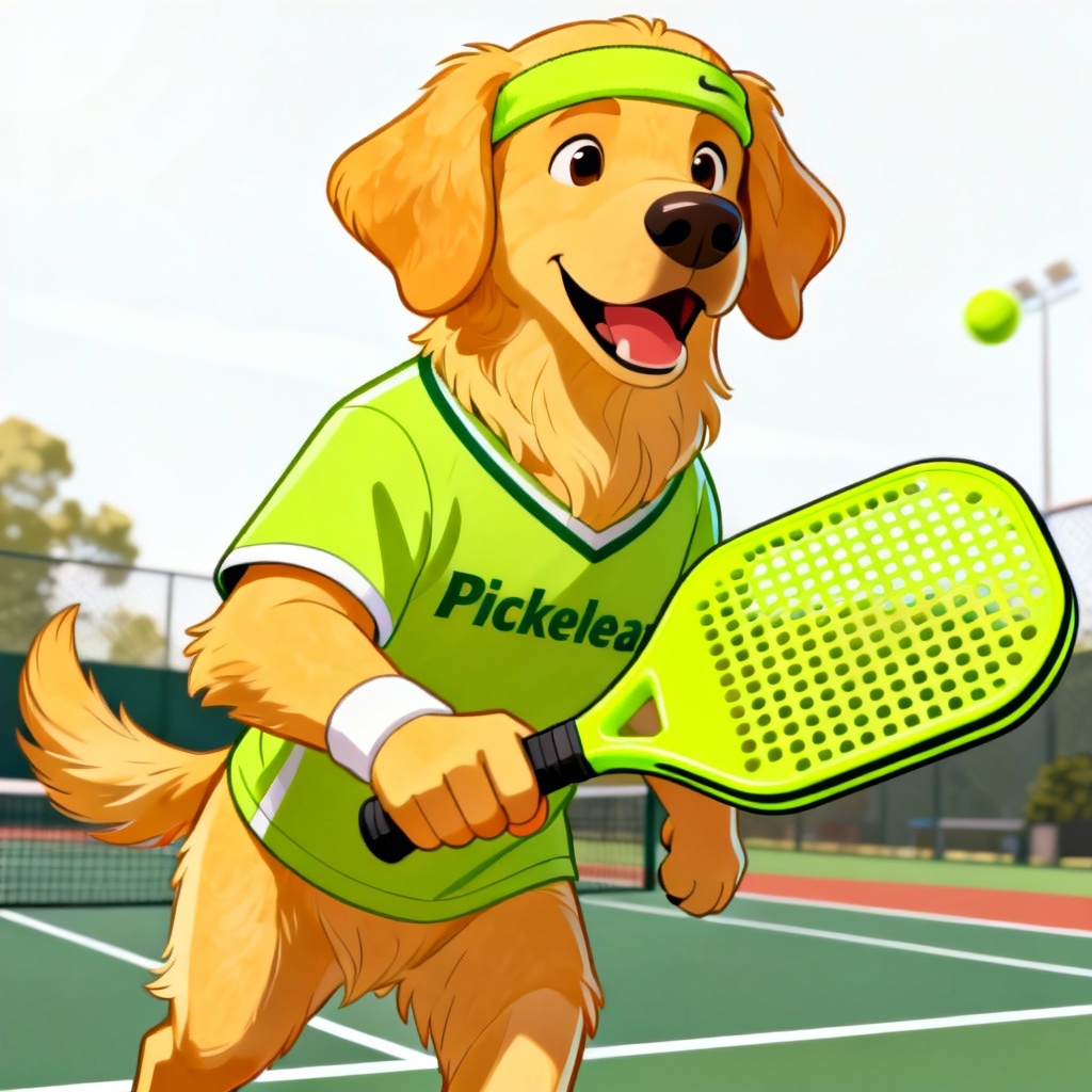 Golden retriever in pickleball jersey holding a paddle on court