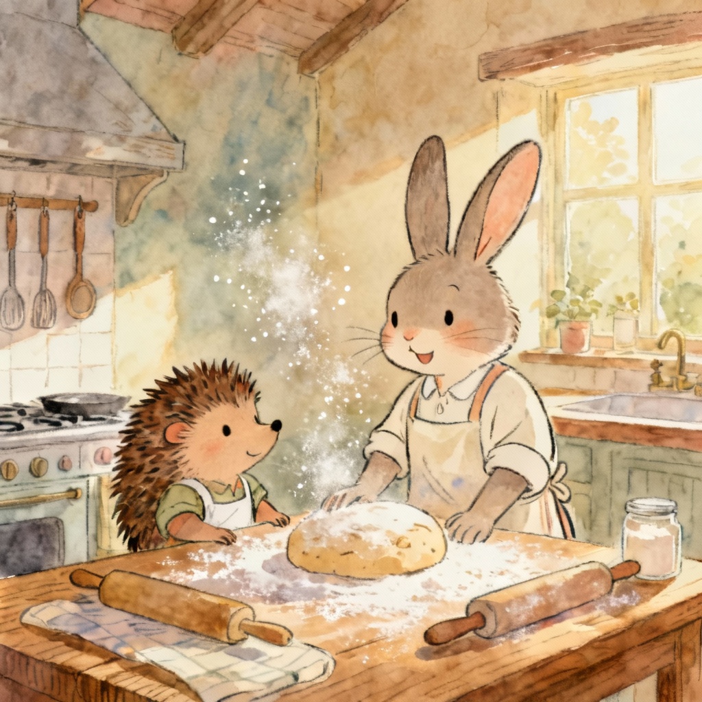AI fairytale animal helpers in a cozy cottage kitchen