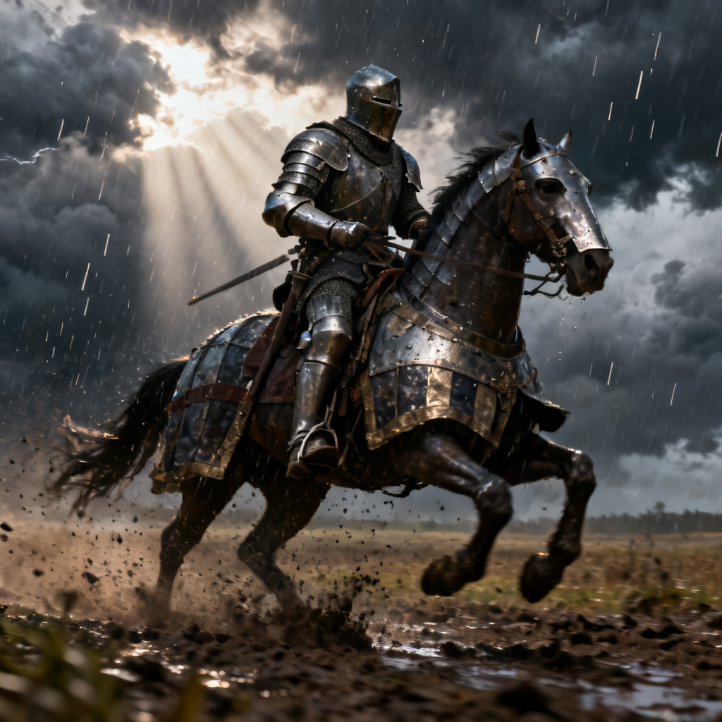 AI fantasy knight riding a warhorse into battle