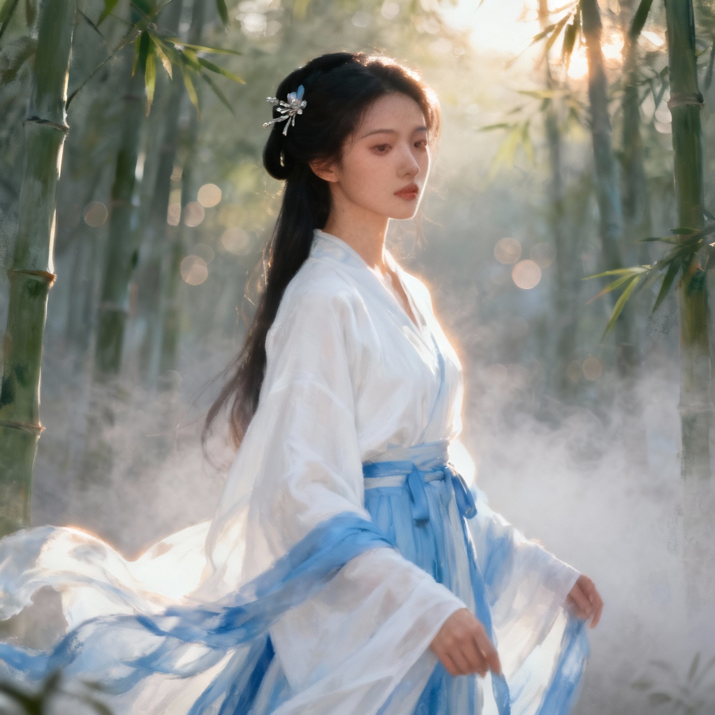 AI portrait of woman in hanfu standing in a bamboo grove