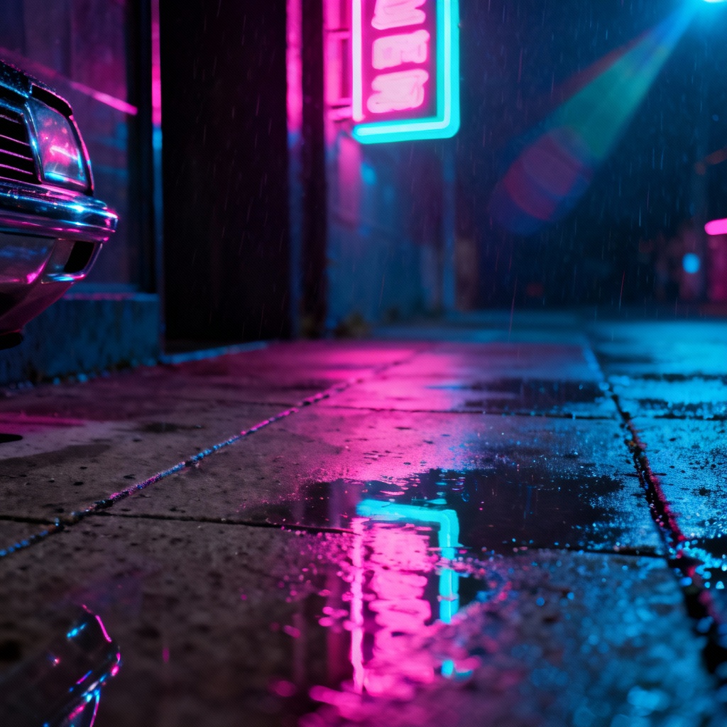 AI retro 80s thriller theme with neon street and synthwave vibes