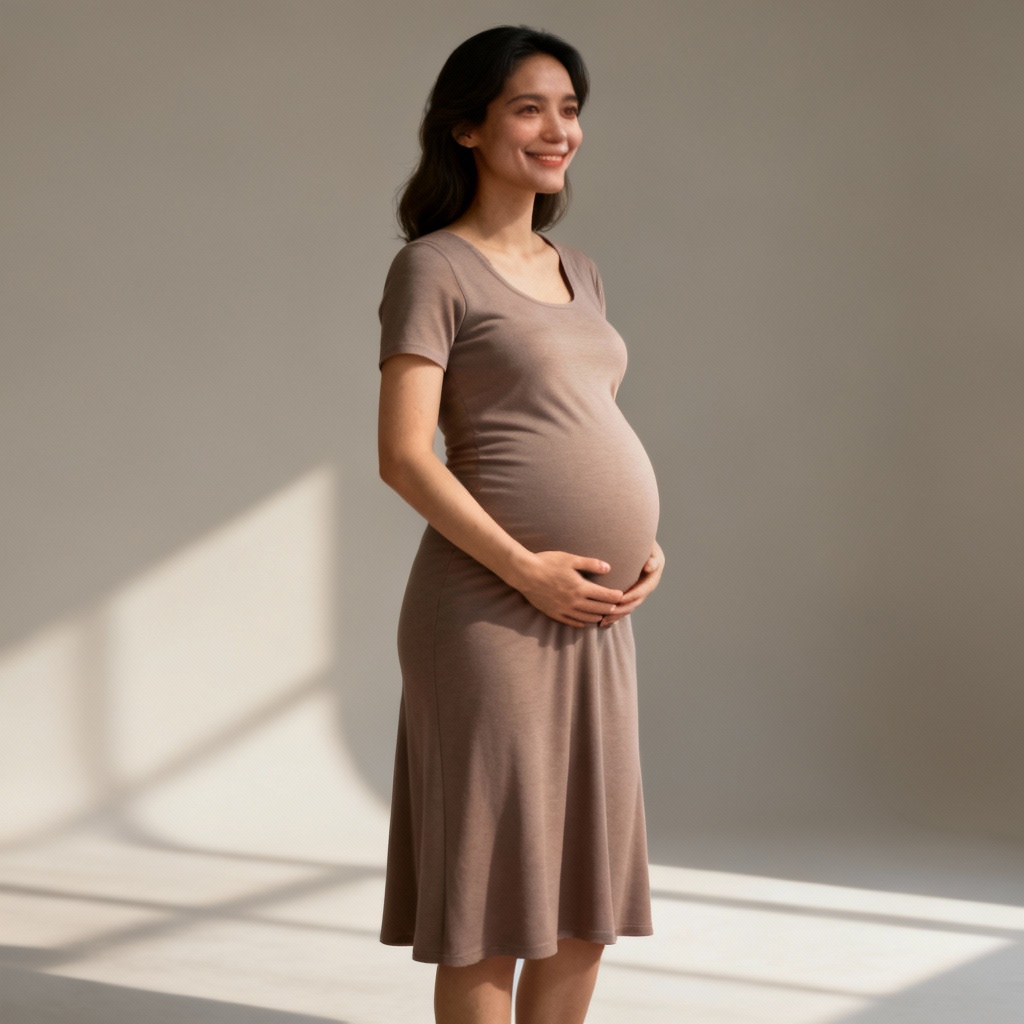 AI pregnant filter example with a virtual baby bump on an adult woman in a modest dress