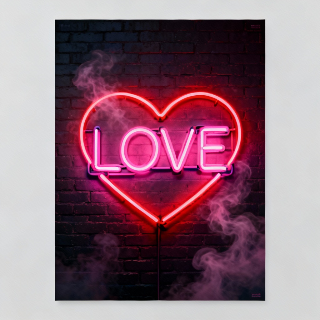 Neon typography valentines day poster with glowing heart