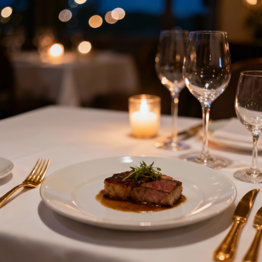 AI fine dining tablescape with candles, crystal glassware, and white linen
