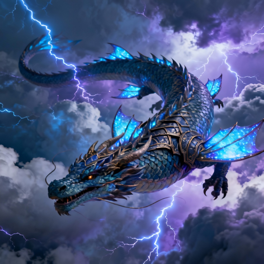 AI flying creature dragon soaring through thunderclouds