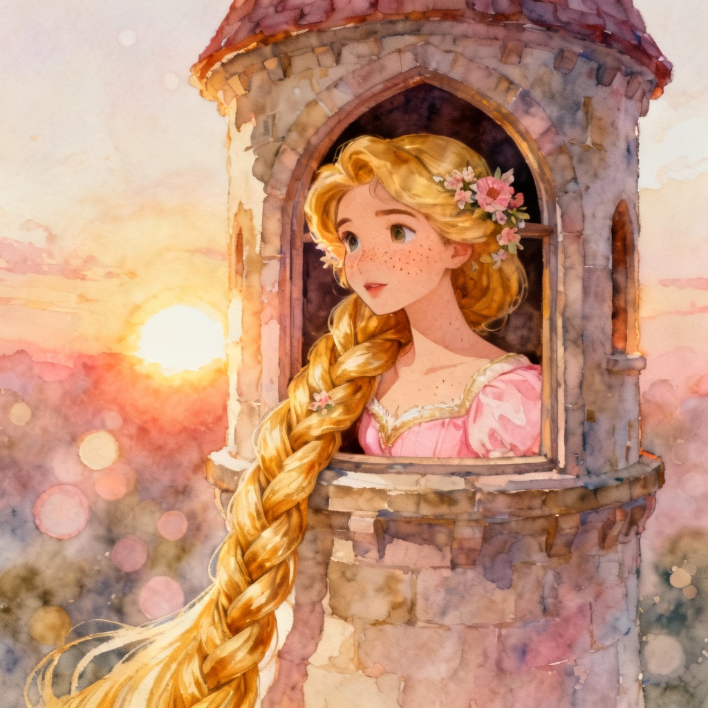 AI Rapunzel tower portrait watercolor