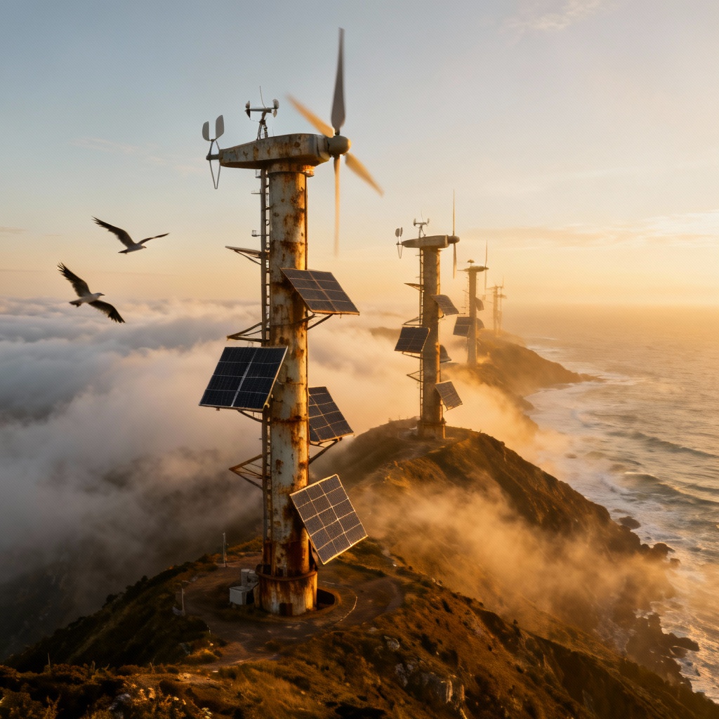 AI green renewable energy tower farm on coastline