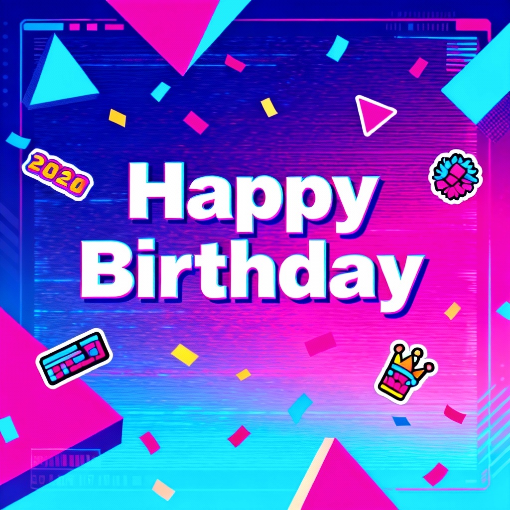 Retro 90s neon birthday ecard with memphis shapes and bold gradients