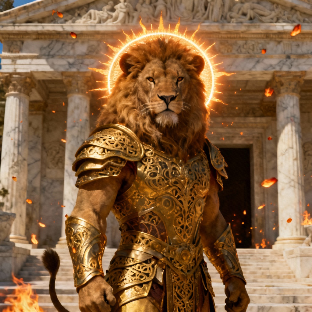 AI lion guardian deity crowned by a solar aura