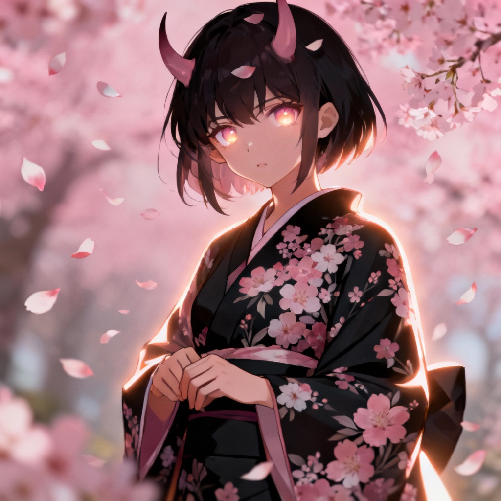 AI gentle demon guardian with floral kimono