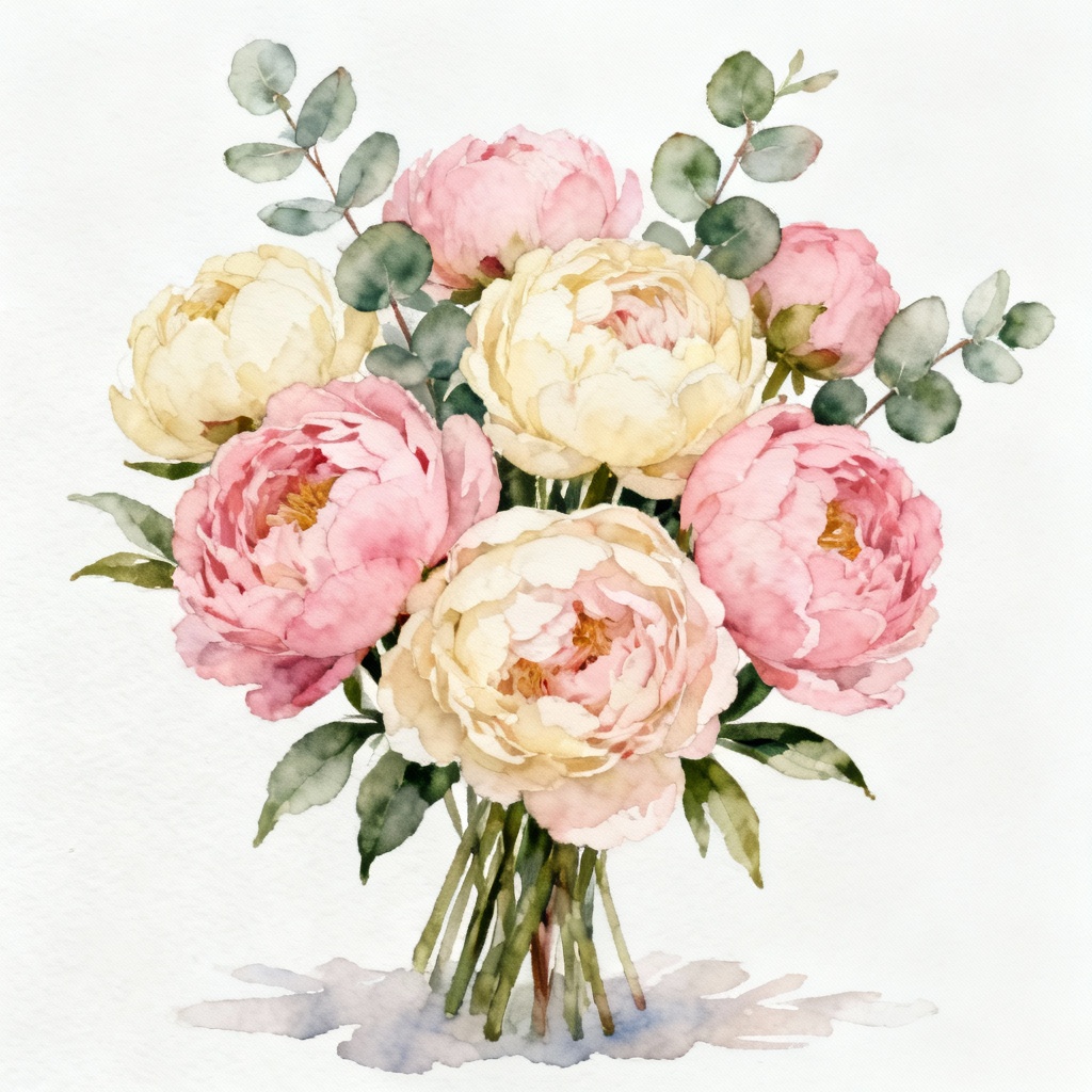 AI watercolor peony bouquet with eucalyptus and soft foliage