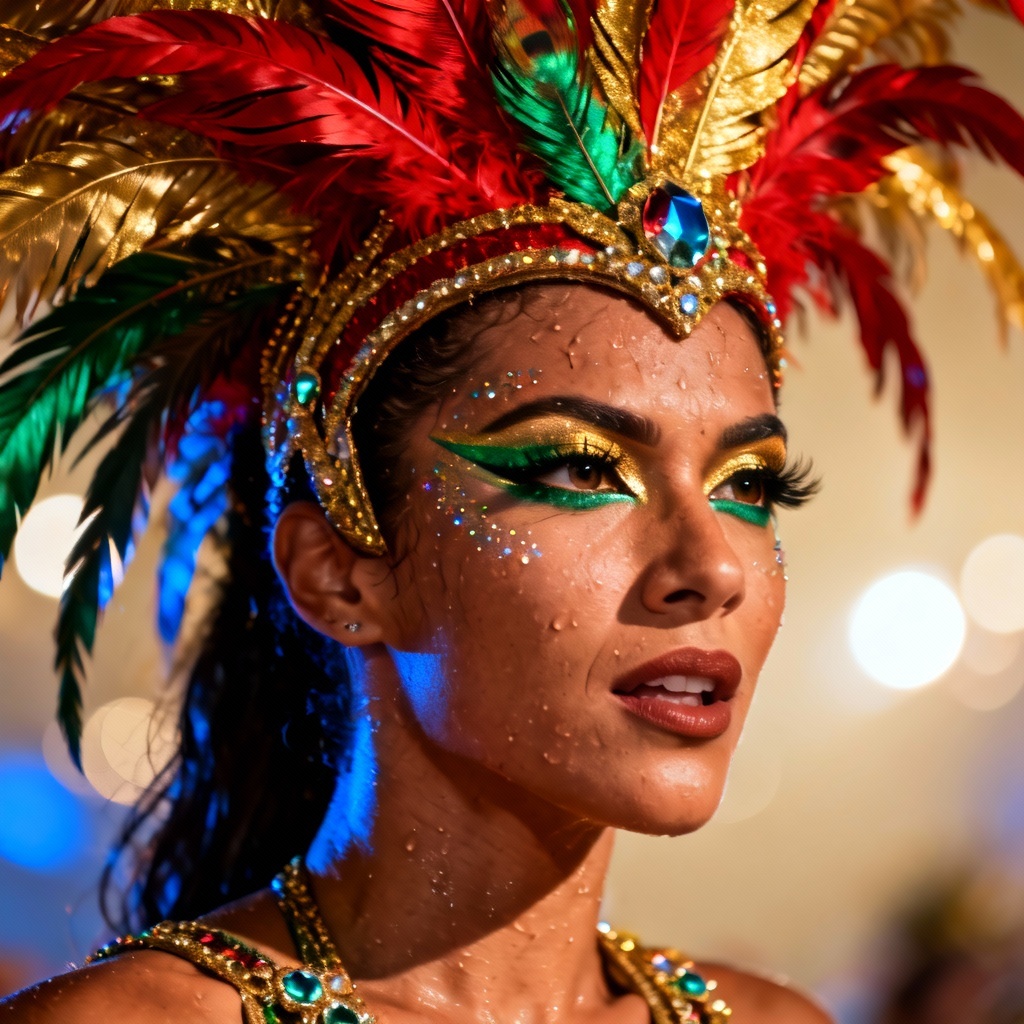 AI close-up portrait with feathered samba headdress