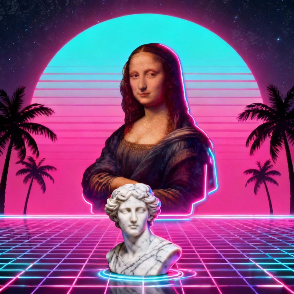 AI Vaporwave Mona Lisa with retro gradients and grids